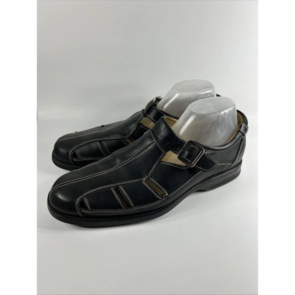 Johnston & Murphy Mens Sandals Size 10.5 Black Shoes Sheepskin Adjustable Strap